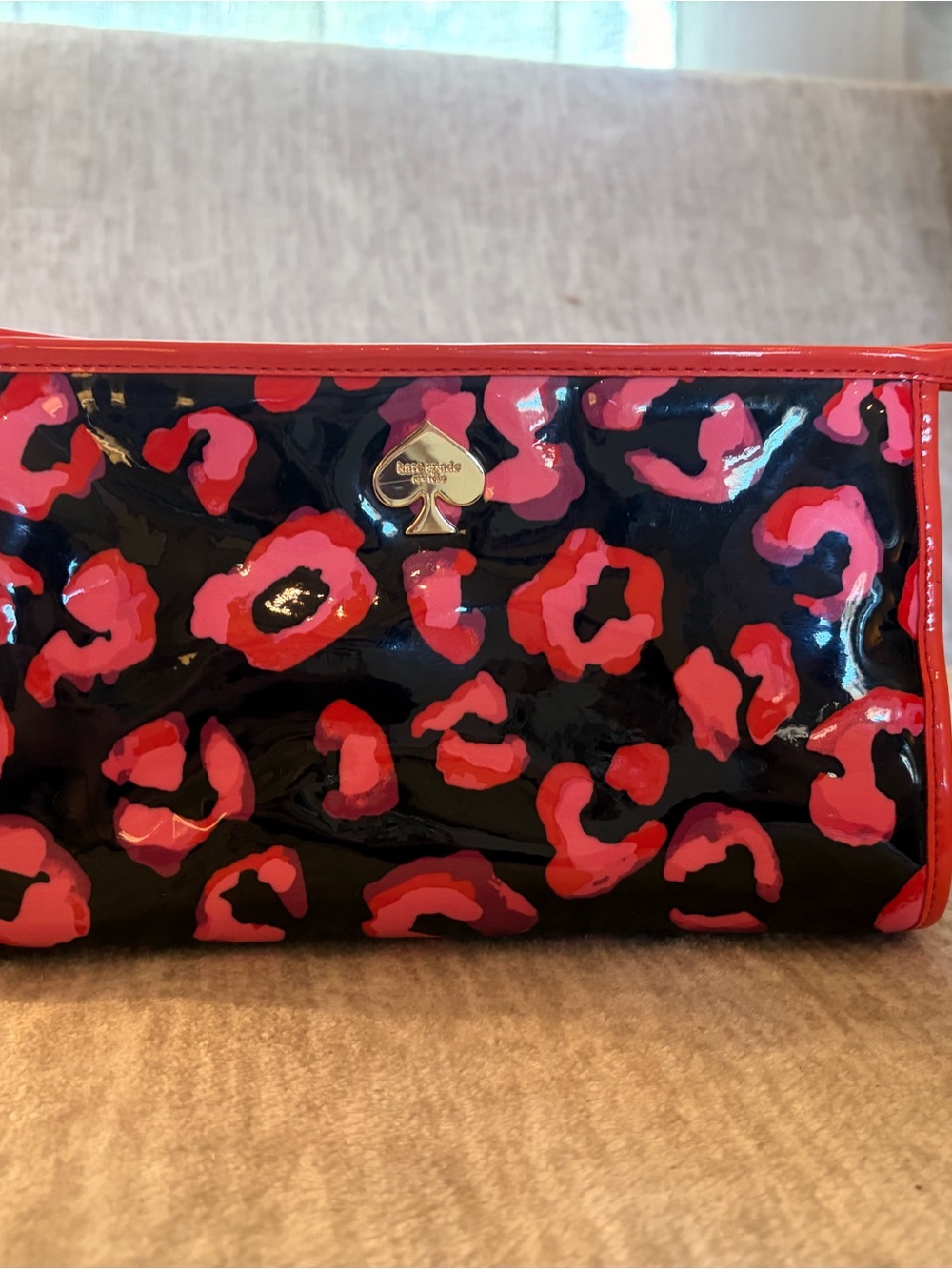 kate spade Black Patent Clutch with Pink Leopard Print and Red Trim